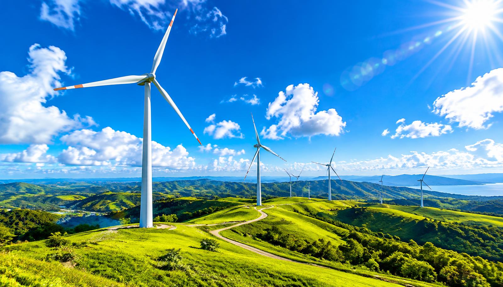 Wind turbines on green hills under a bright blue sky